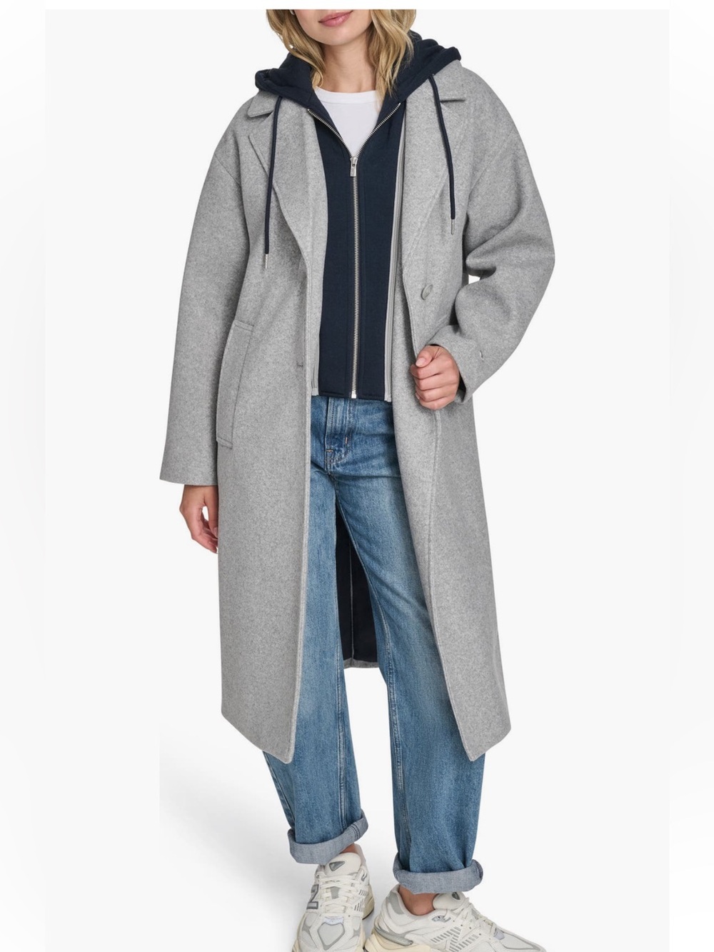 New! Champion Long Gray Wool-Blend Coat with Hooded Layering NWT